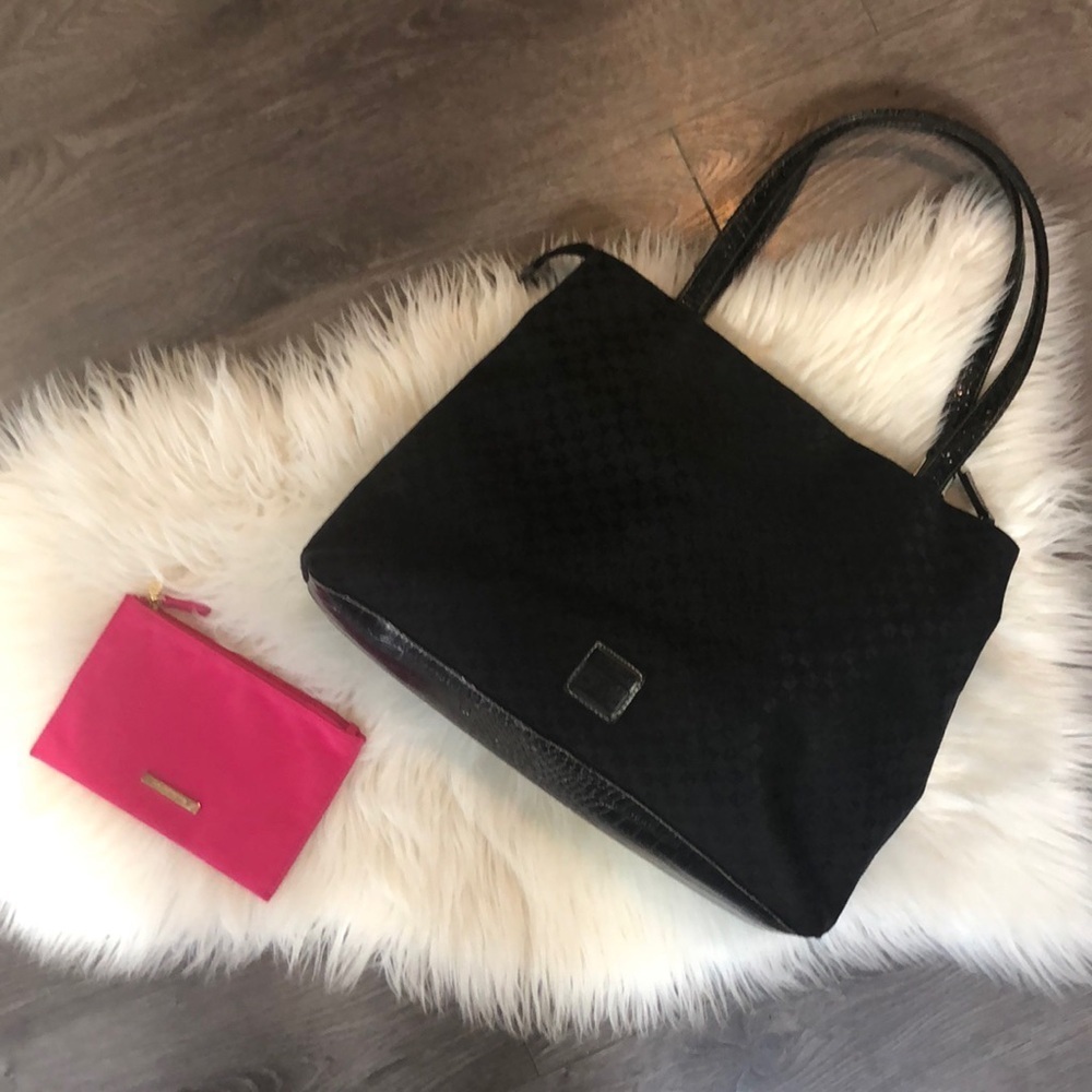 Vintage Liz Claiborne Zip Top Large Black  Tote with pink coin purse